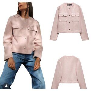 Zara Women's XS Light Pink Wool-Blend Cropped Jacket With Gold Button Closure